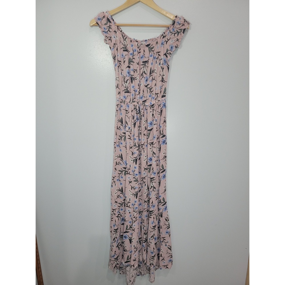 American Eagle Pink Floral Smocked Off Shoulder Maxi Dress XS Womens Cap Sleeve